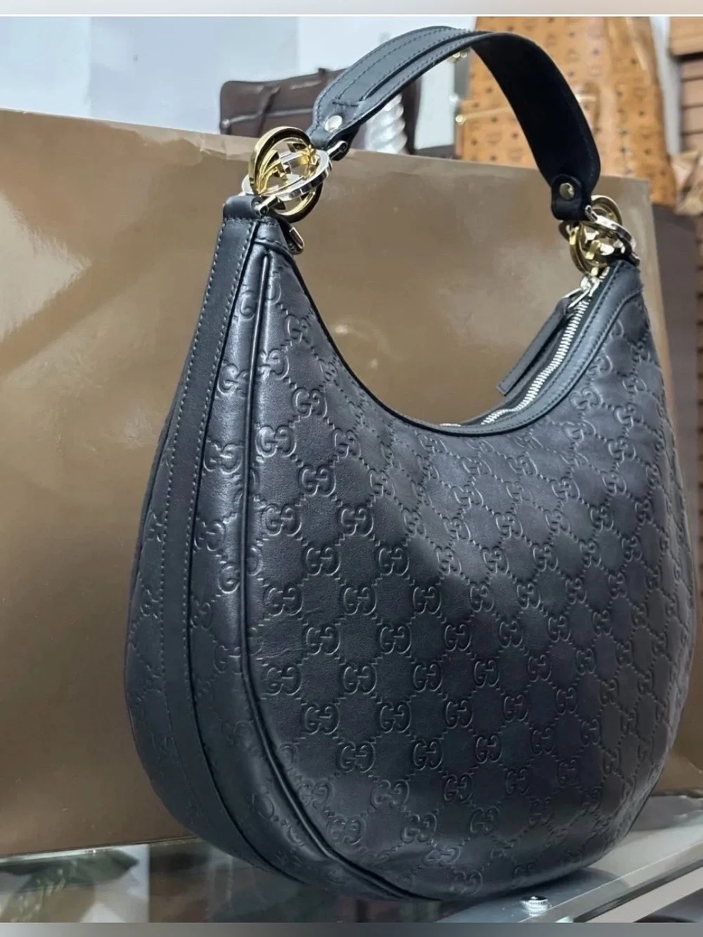 Gucci Guccisima Hobo Bag Black Leather with Silver & Gold hardware. COA Included